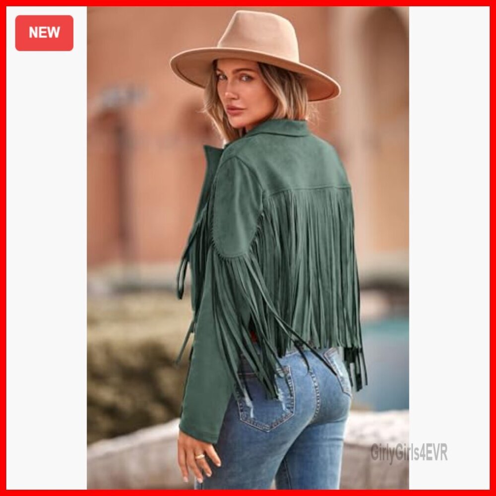 Faux Suede Fringe Cropped Jacket, Motorcycle Style, OEKO-TEX Certified - Picture 2 of 7